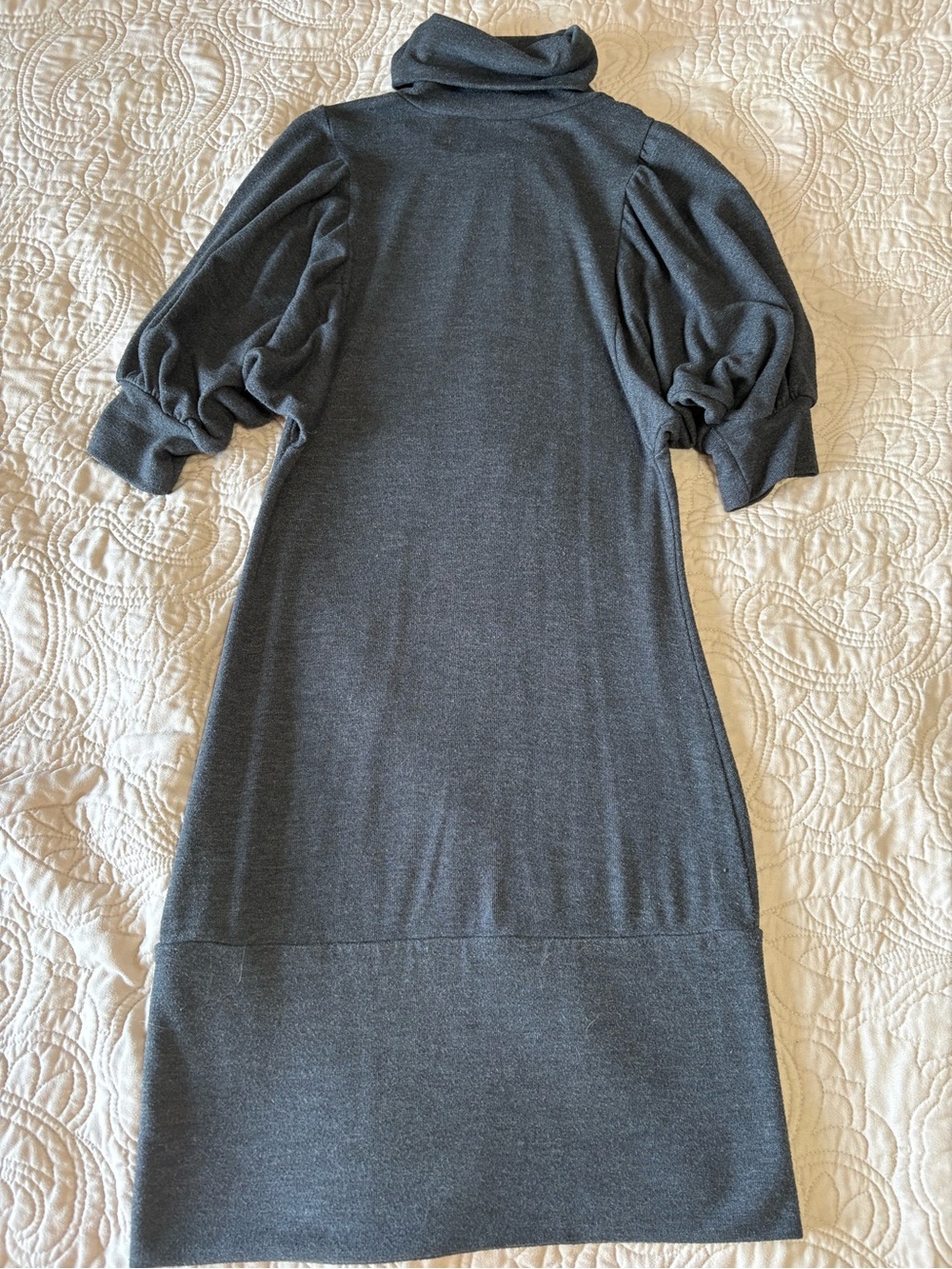 Vintage Turtleneck Puff-Sleeve Knit Dress in Charcoal Gray